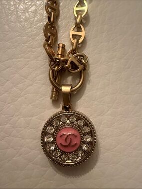 Chanel like Gold-Tone Pink Accent Pendant Necklace and earrings